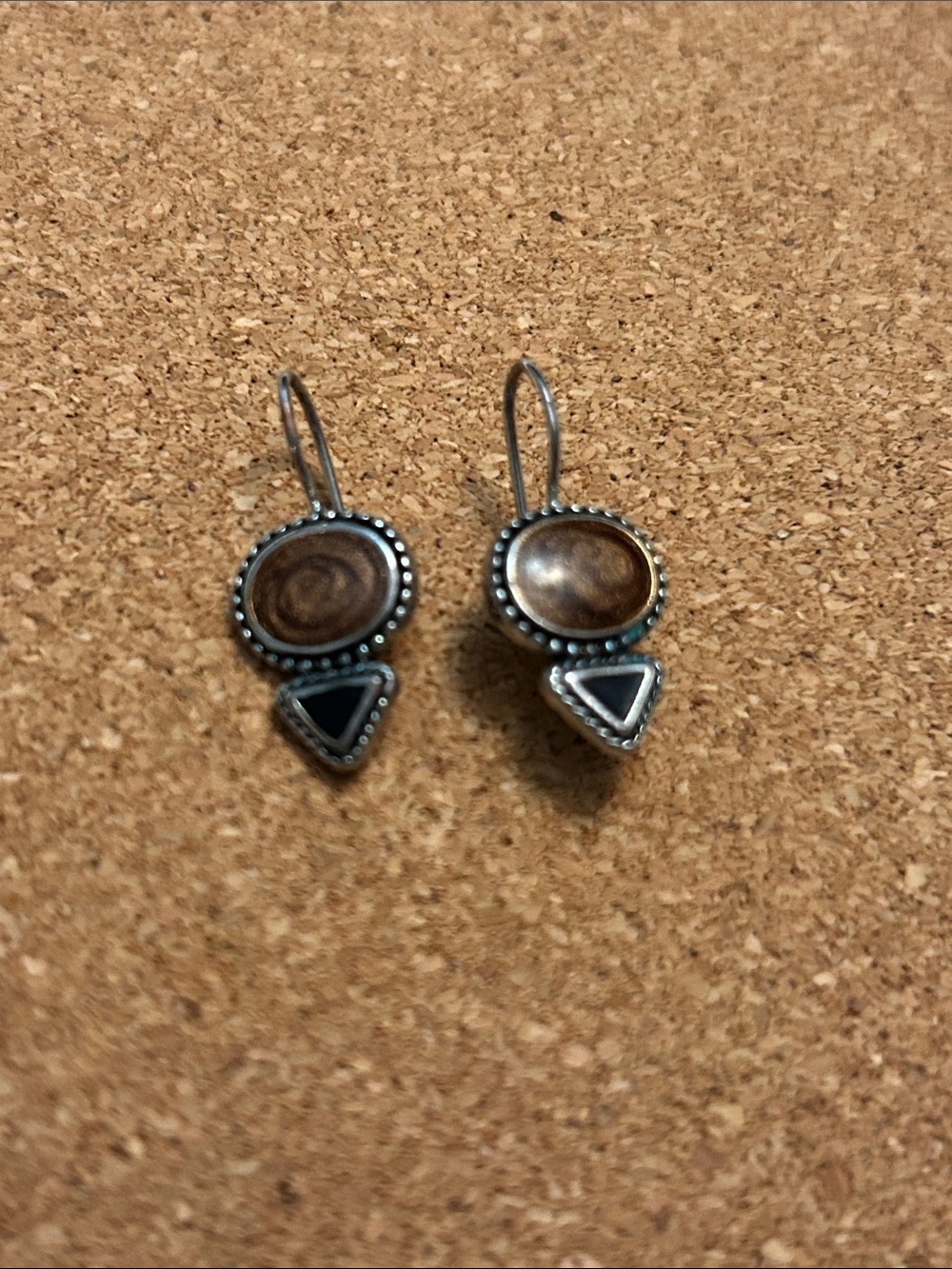 Handcrafted Brown Wood & Silver Dangle Earrings